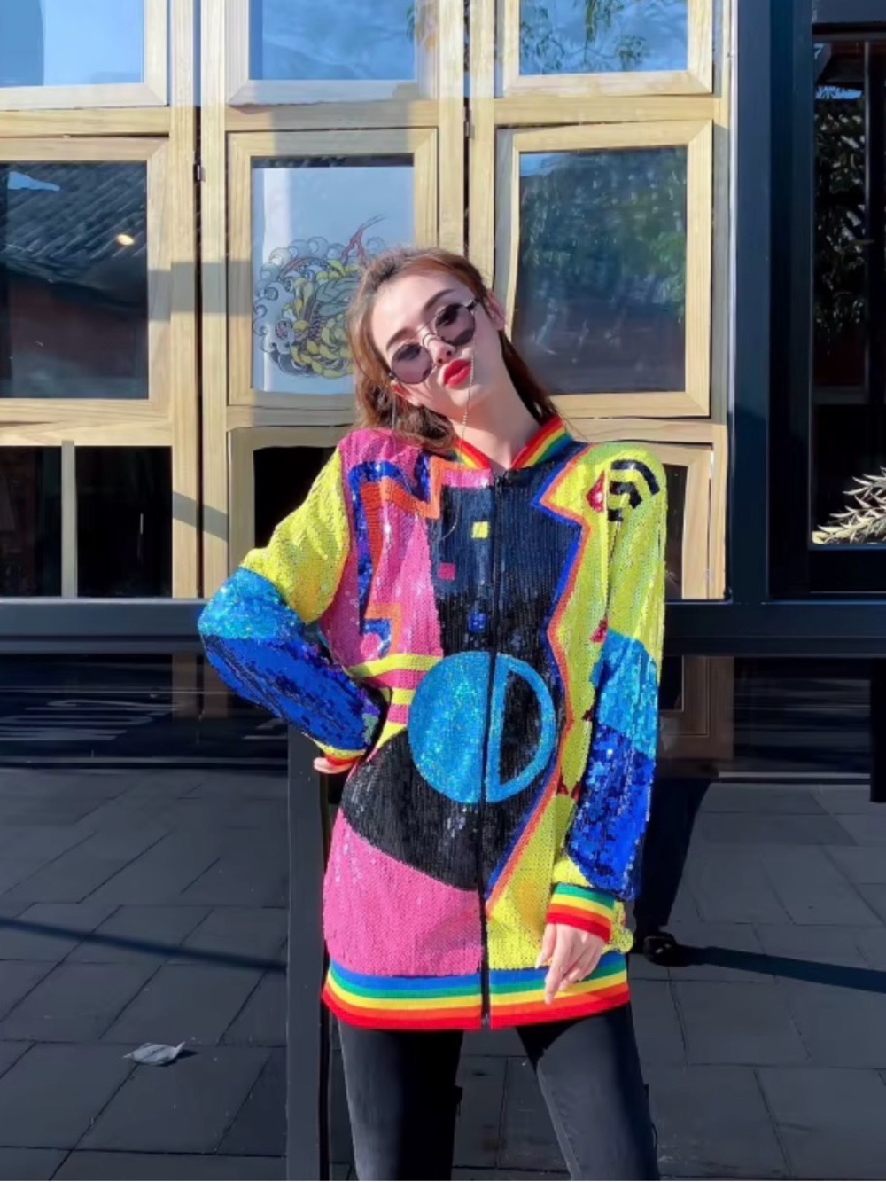 Sequin Colorblock Bomber Jacket - Multi - Picture 5 of 5
